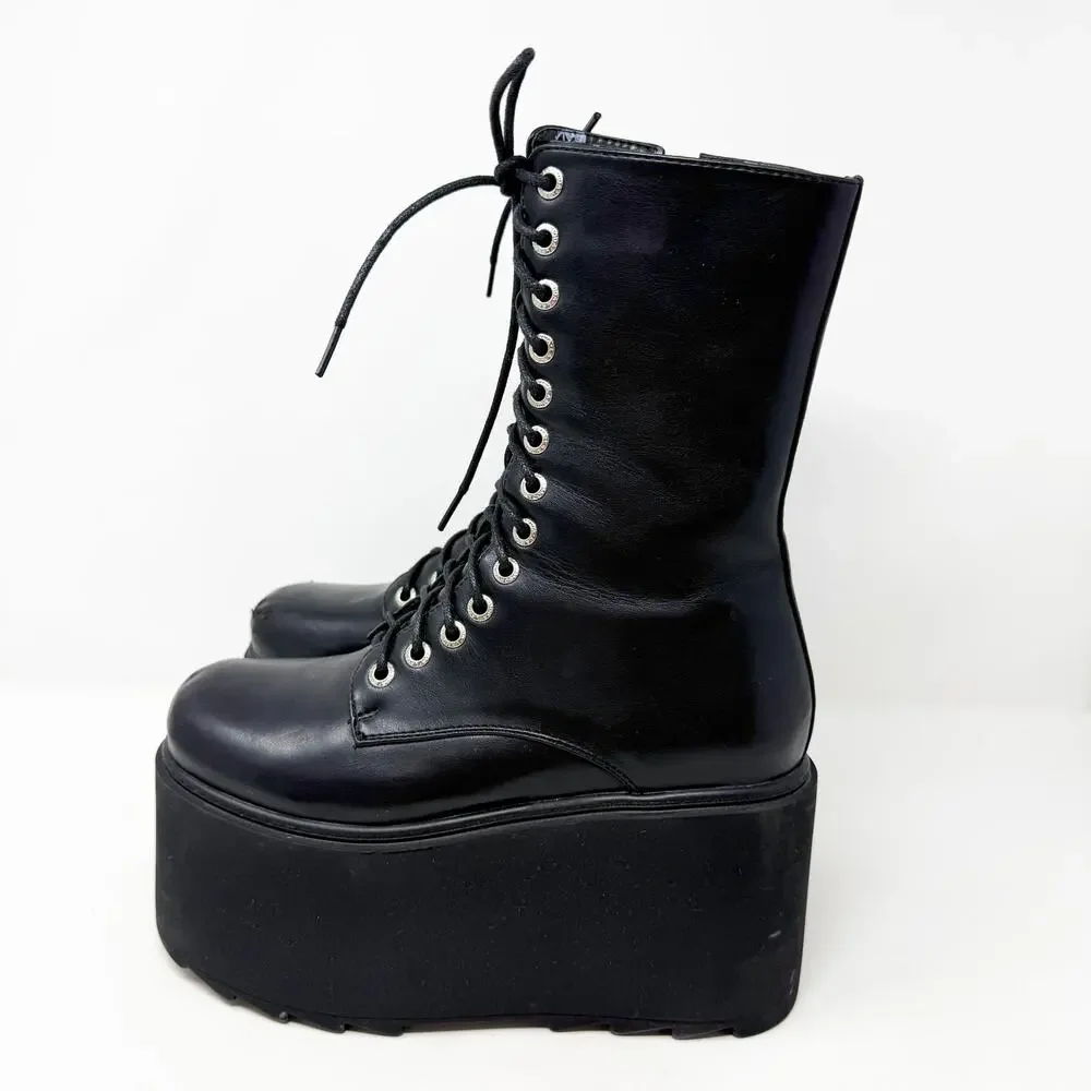 Lamoda Black Faux Leather Chunky Platform Goth Combat Boots 4UK Lace Up/Side Zip